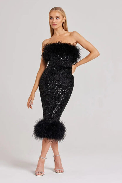 black sequin and feather midi dress
