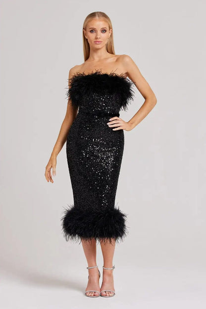 black feather trim sequin dress