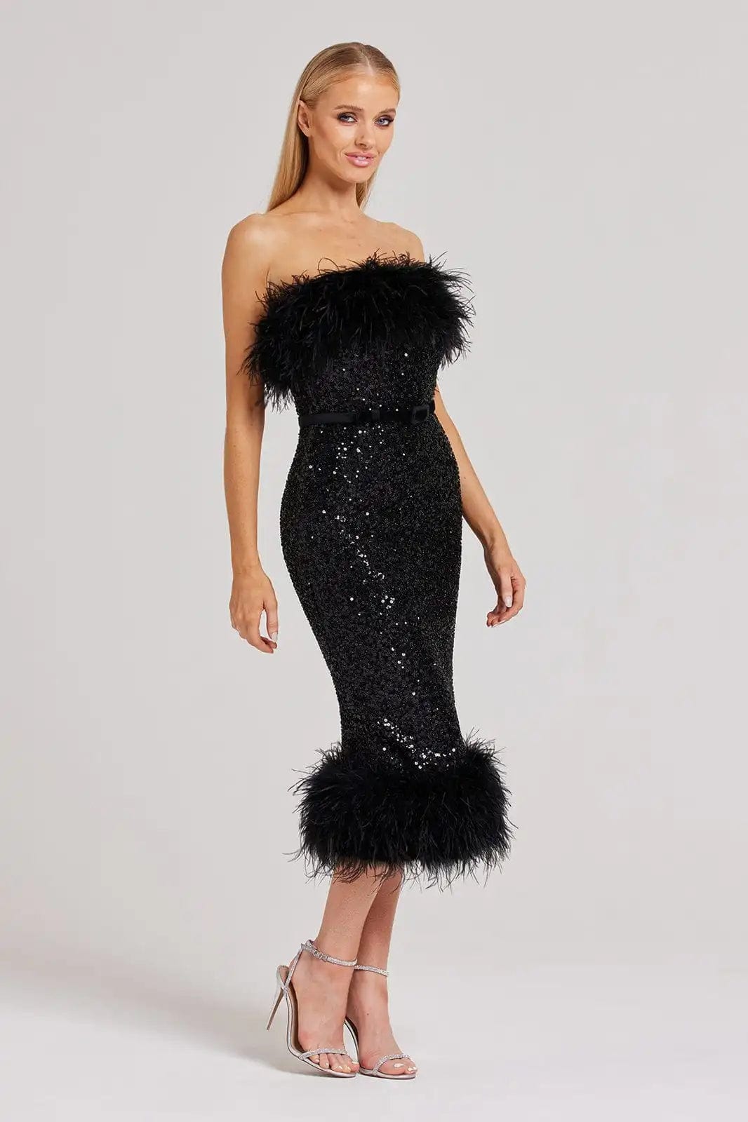 black feather sequin dress