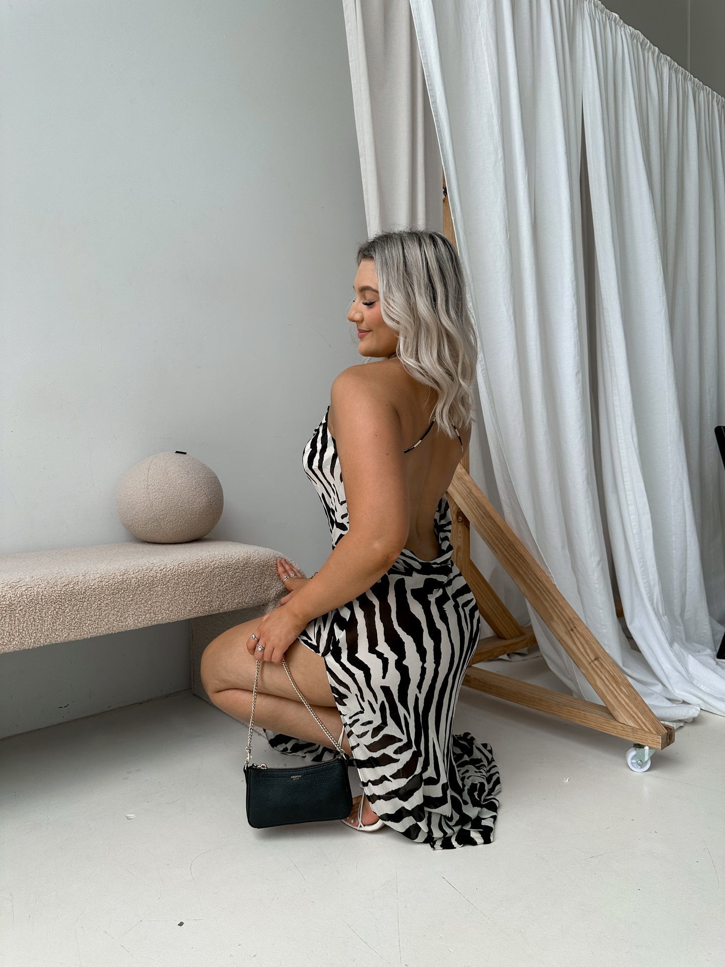 cowl back zebra print maxi dress