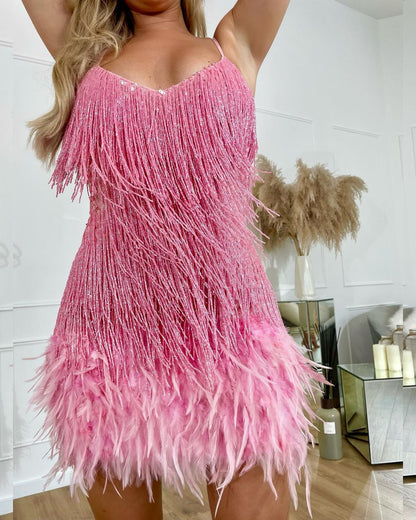 pink feather trim jumpsuit
