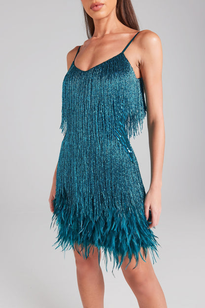 teal feather dress