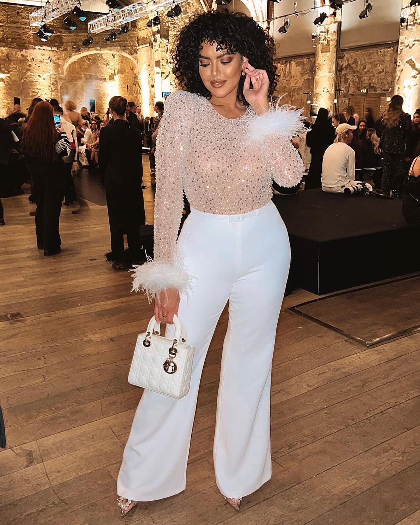 white beaded feather trim jumpsuit