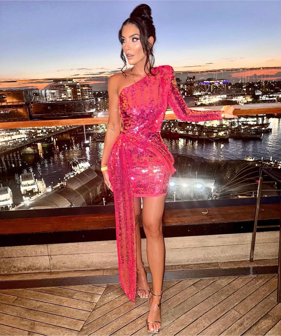 pink one sleeve sequin dress