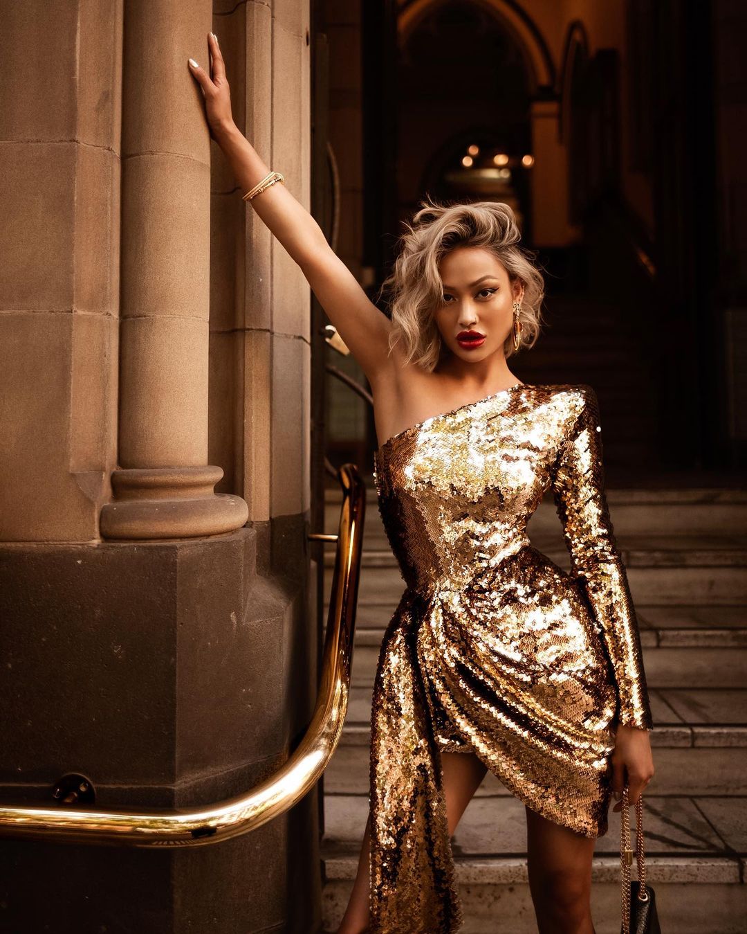 gold one sleeve sequin dress