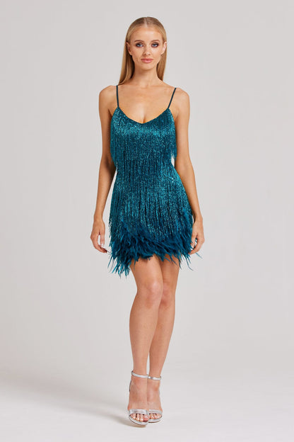 teal feather dress
