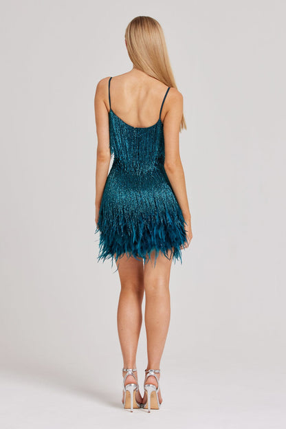 teal ostrich feather dress