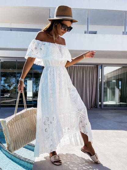 White lace high low off shoulder maxi dress