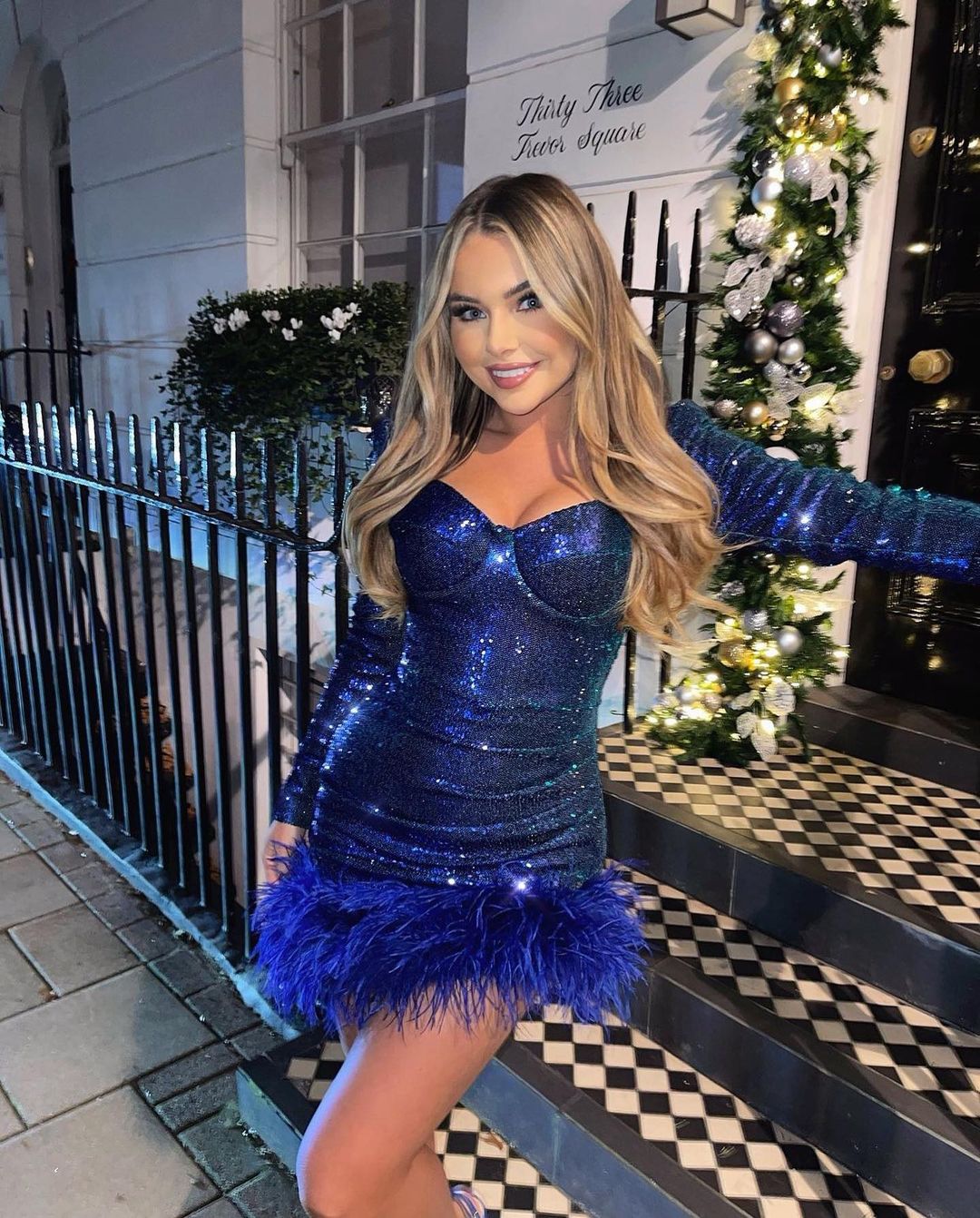 royal blue long sleeve sequin dress with feather trim