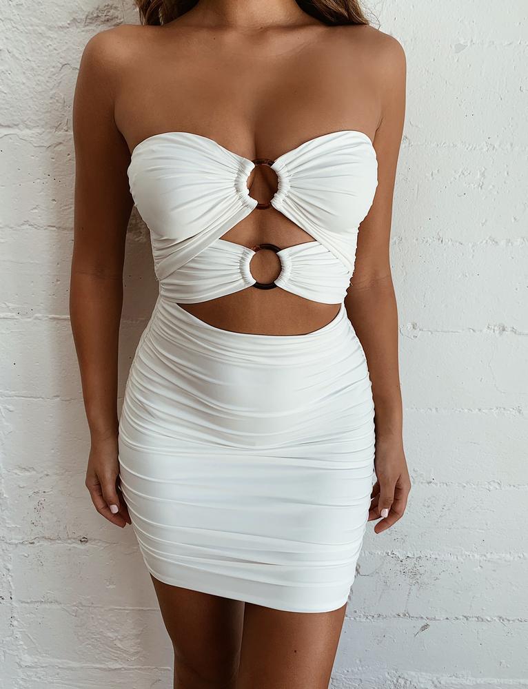 white strapless cut out bodycon mini dress