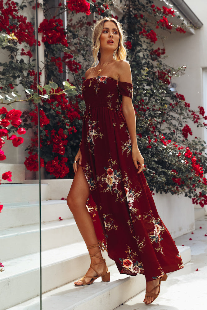 wine off shoulder floral dress