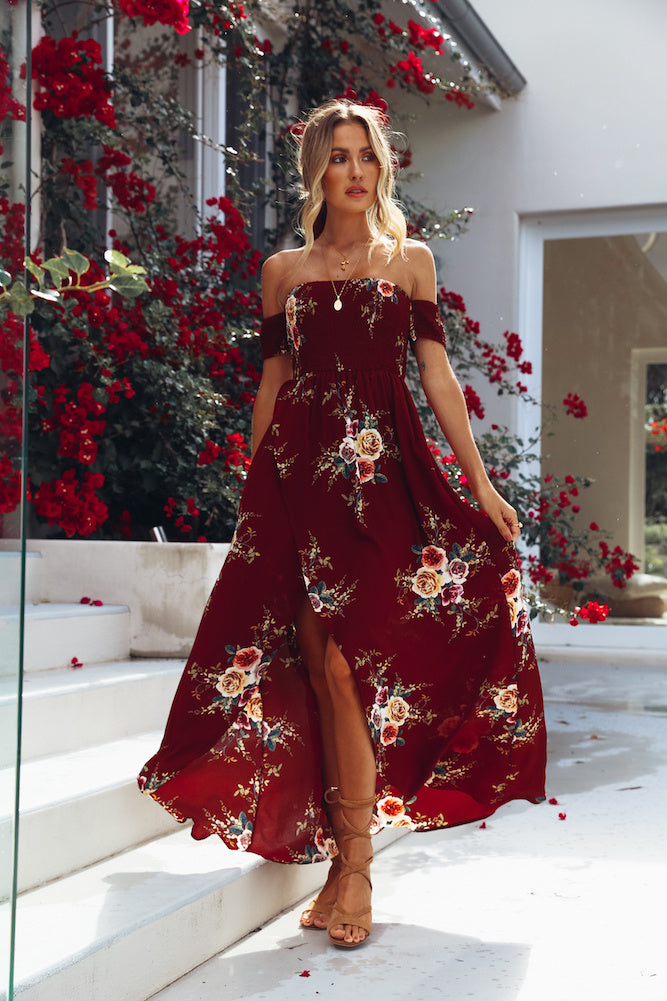 burgundy off shoulder floral dress
