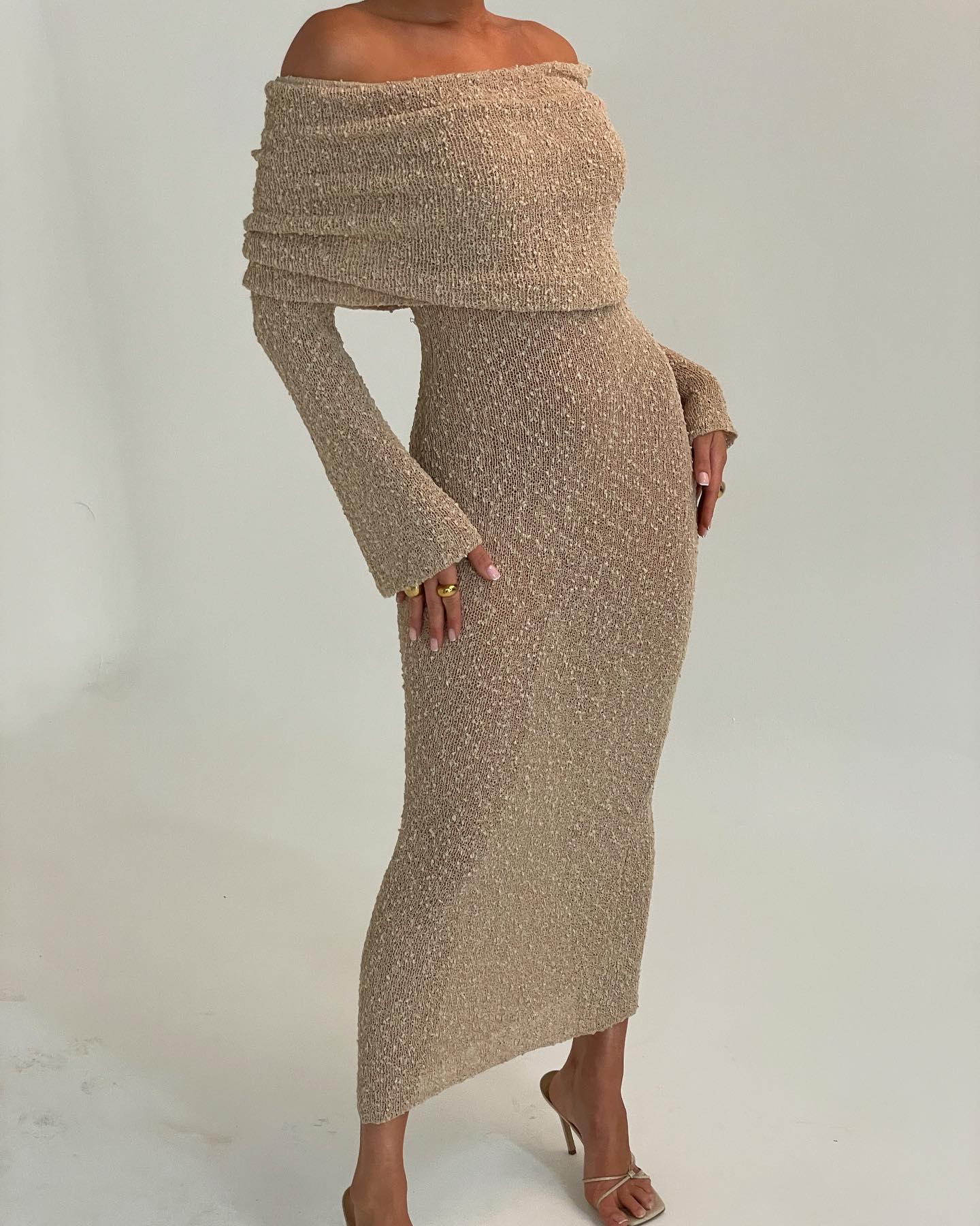 beige off the shoulder maxi dress Satin Off the Shoulder Maxi Dress – Cotton Candy LA main image 0
